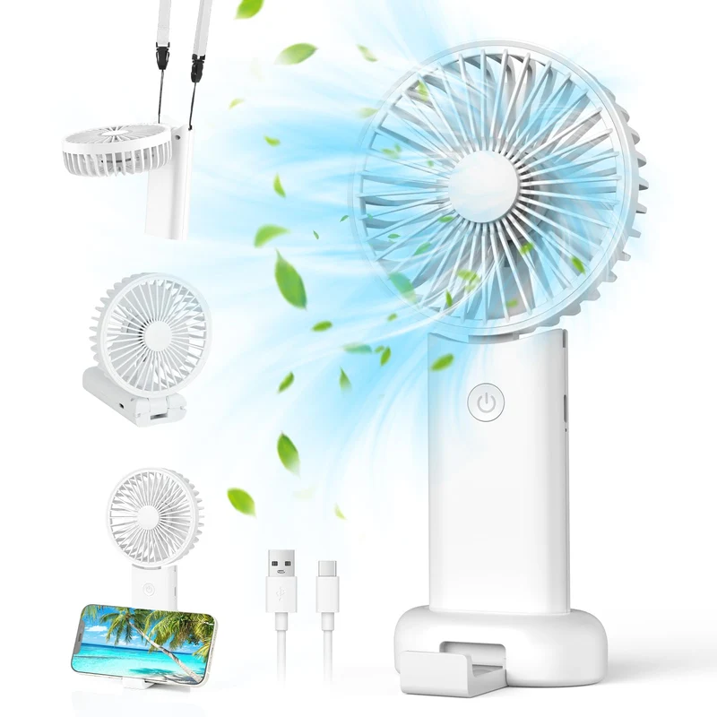 Neqraxis Ventilatore Portatile,Mini Ventilatore USB Ricaricabile,Pieghevole Ventilatore A Mano Silenzioso Potente,3000 mAh, 3 velocità di ventilazione da Tavolo per Viaggi,Ufficio,Campeggio-Bianco