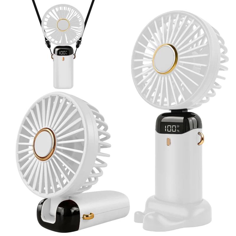 Jsdoin - Mini ventilatore portatile, ricaricabile tramite USB, 5 velocità, a batteria, pieghevole, da scrivania, con display LED, per casa, ufficio, camera da letto, viaggi e all’aperto (Bianco)
