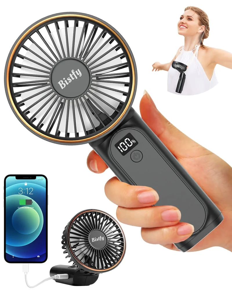 Bistfy Ventilatore Portatile 5200mAh Ultra Silenzioso 6 Velocità USB C Mini Ventilatori da Tavolo con LCD Display, 180° Pieghevole con Cordino come Ventilatore da Collo