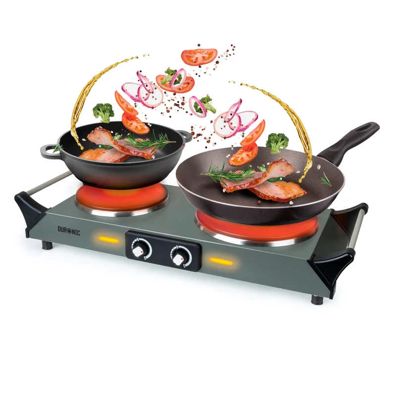 Duronic HP2 GG Fornello Elettrico 2500W 2 Piastre in Ghisa 2 Fuochi Nero, Temperatura regolabile, manici per il trasporto, piano cottura portatile, per campeggio, casa, ufficio e cucina Grigio Verde