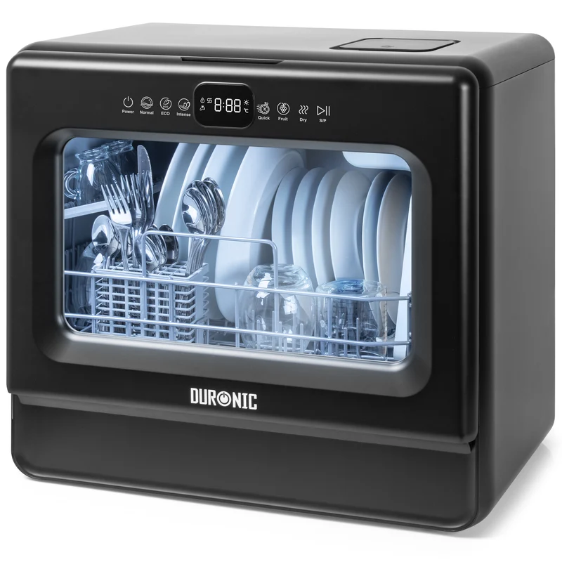 Duronic DW10 BK Lavastoviglie Compatta da Tavolo 1050W, Mini Lavastoviglie Portatile Salvaspazio con Serbatoio Acqua, 5 Programmi Eco Rapido Intensivo Asciugatura, LED Touch per Piccola Cucina Camper