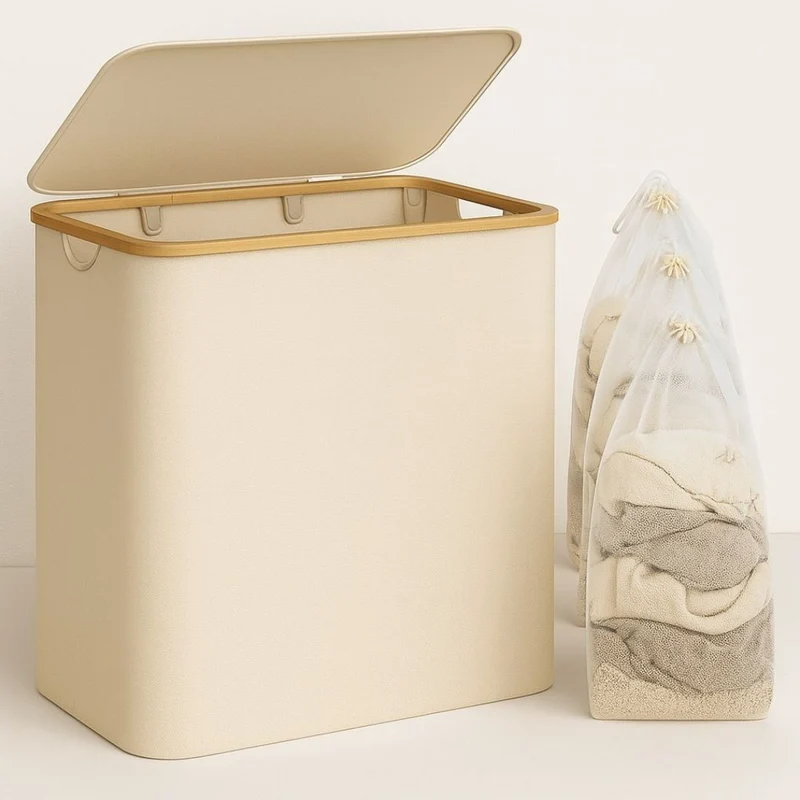 Wäschekorb mit Deckel | Wäschesammler mit 3 Fächern in Schwarz, Beige & Grau | WäscheBox