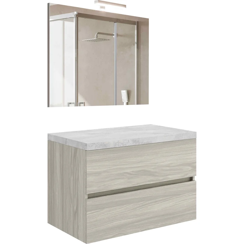 Composizione Mobile Da Bagno "Easytop 80" Sospeso Rovere Bianco / Beton