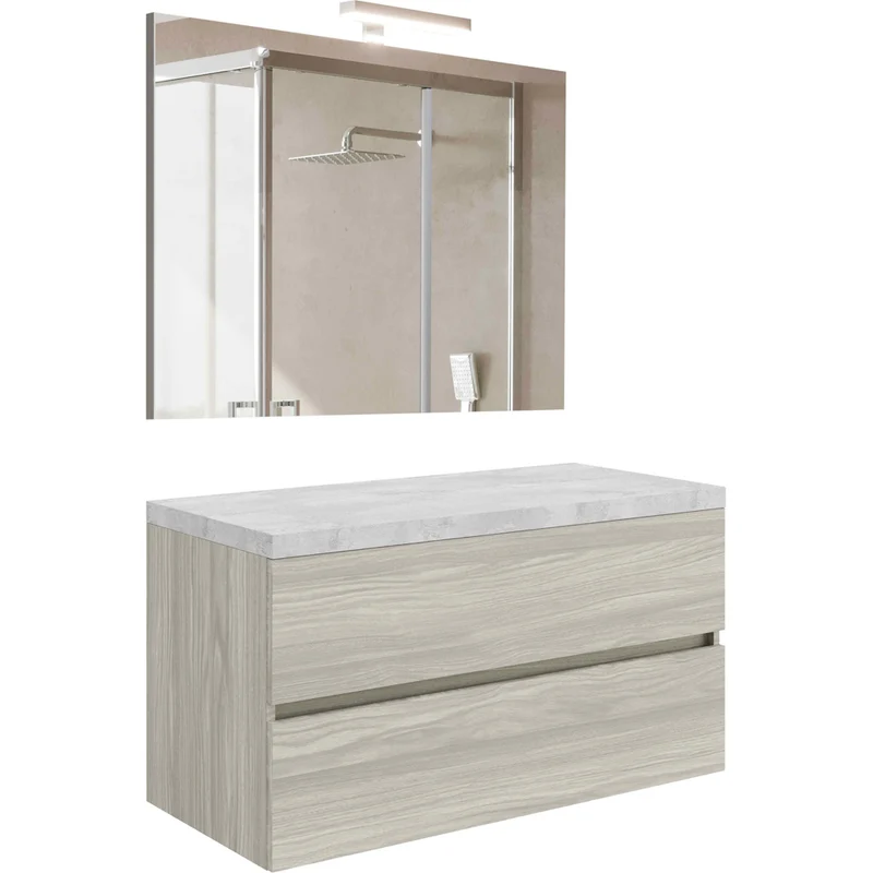 Composizione Mobile Da Bagno "Easytop 100" Sospeso Rovere Bianco / Beton