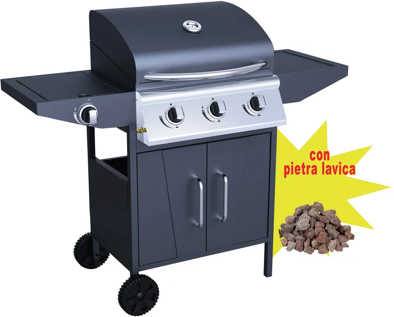 barbecue a gas tre fuochi c/fornellone ideal star 'carrara' con 3 kg di pietra lavica