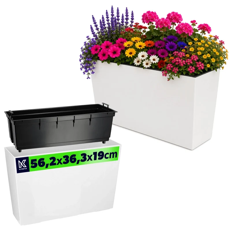 Vaso da giardino KADAX + inserto, supporto alto per fiori, fiori 19 x 56, bianco lucido
