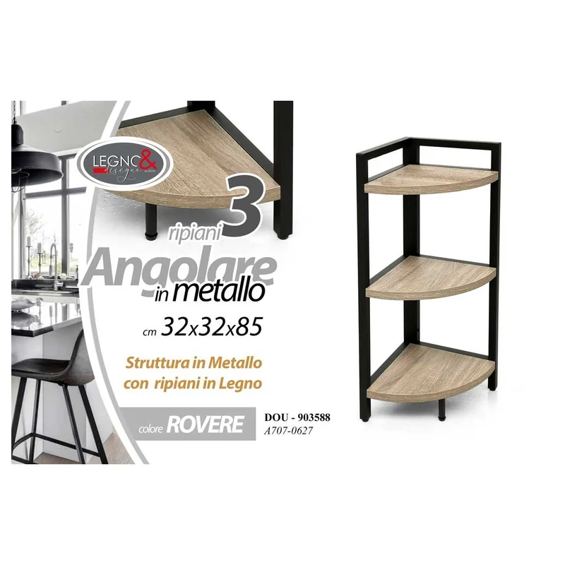 Angolare 3 ripiani in metallo rovere 32x32x85 cm