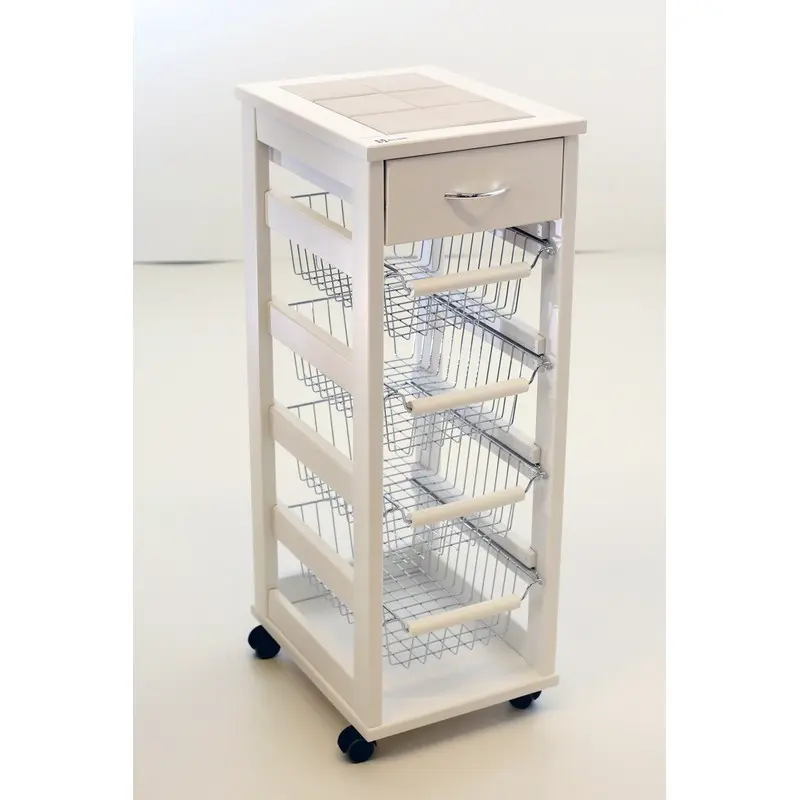Carrello salvaspazio Vesuvio bianco in faggio con cassetto e cestelli cromati