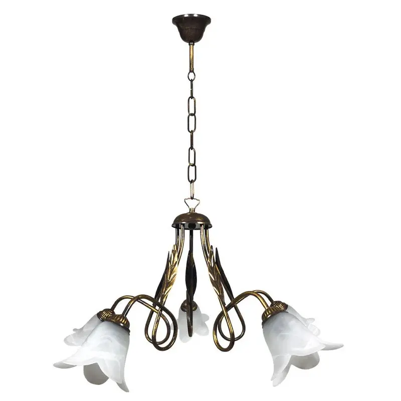 Lampadario Amelia 5 luci E14 marrone/oro con vetro spugnato bianco