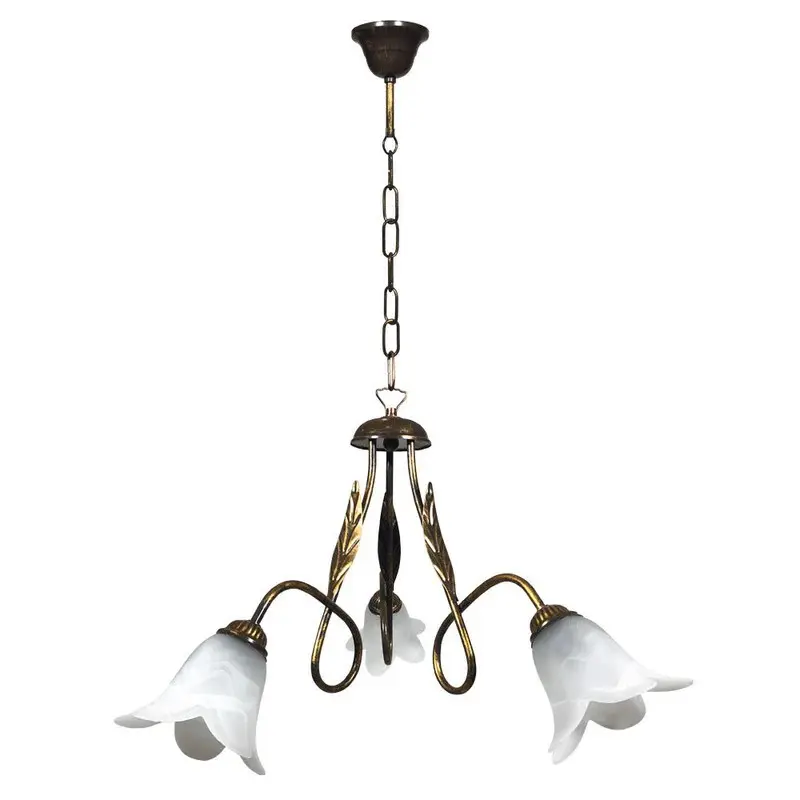 Lampadario Amelia 3 luci E14 marrone/oro con vetro spugnato bianco