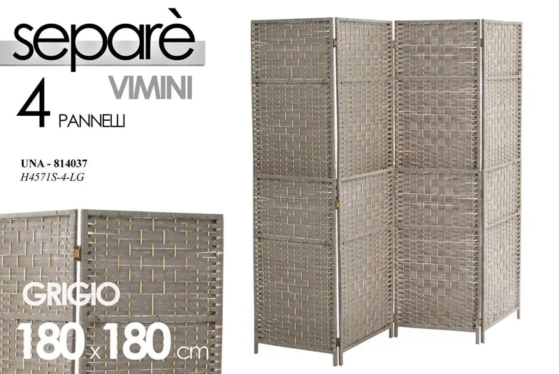 Separé in vimini grigio 4 pannelli 180x180 cm