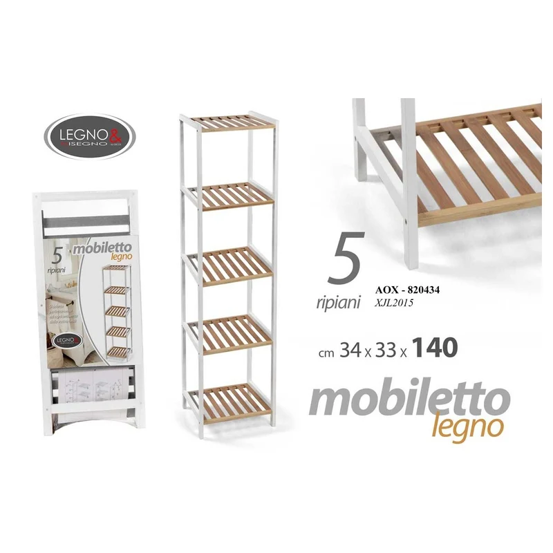 Scaffale 5 ripiani bianco e naturale cm 34x33x140 h