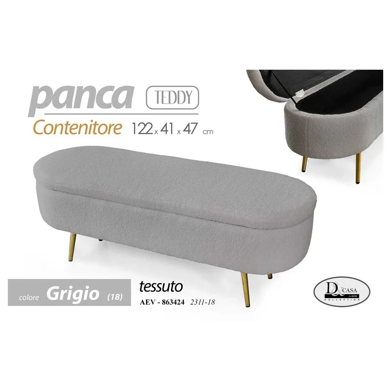 Panca contenitore teddy tessuto grigio cm 122x41x47 h