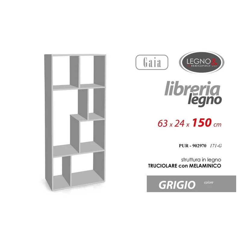 Libreria Gaia in legno grigio cm 63x24x150 h