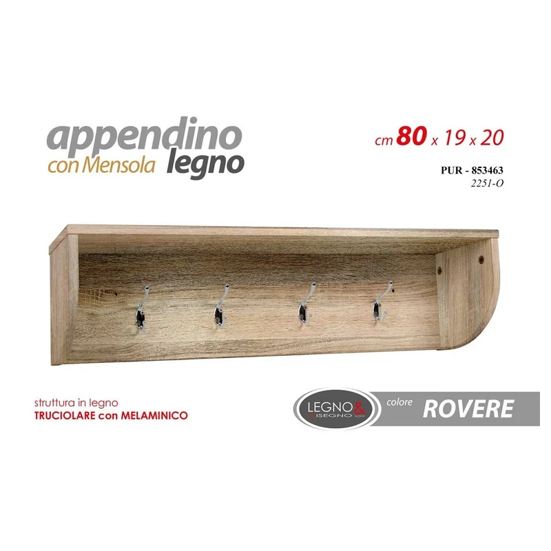 Appendino 4 ganci rovere 80x19x20 cm