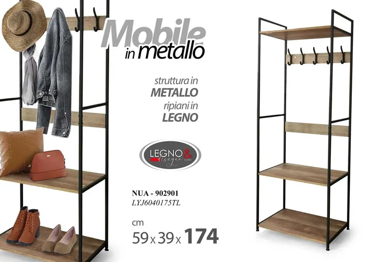 Appendiabiti metallo e legno 5 ganci cm 59x39x174 h