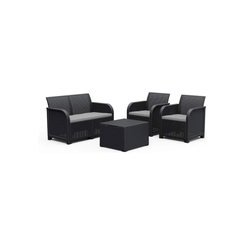 Set salotto Keter Rosalie effetto rattan antracite con divano, tavolino e due poltrone