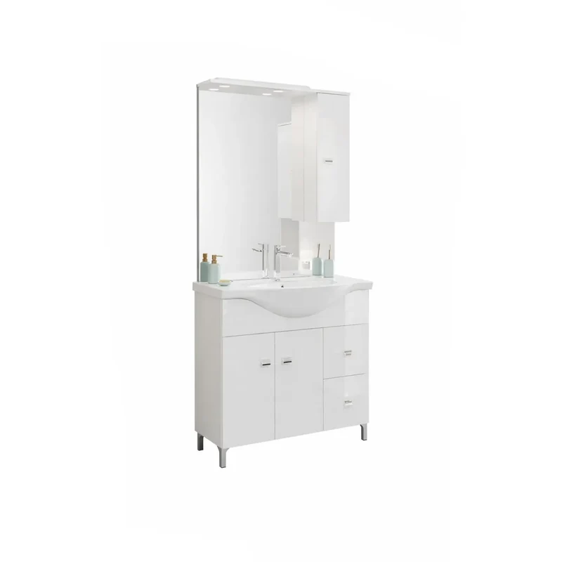 Mobile bagno con 2 ante e 2 cassetti con lavabo 86 cm e specchio con pensile dx