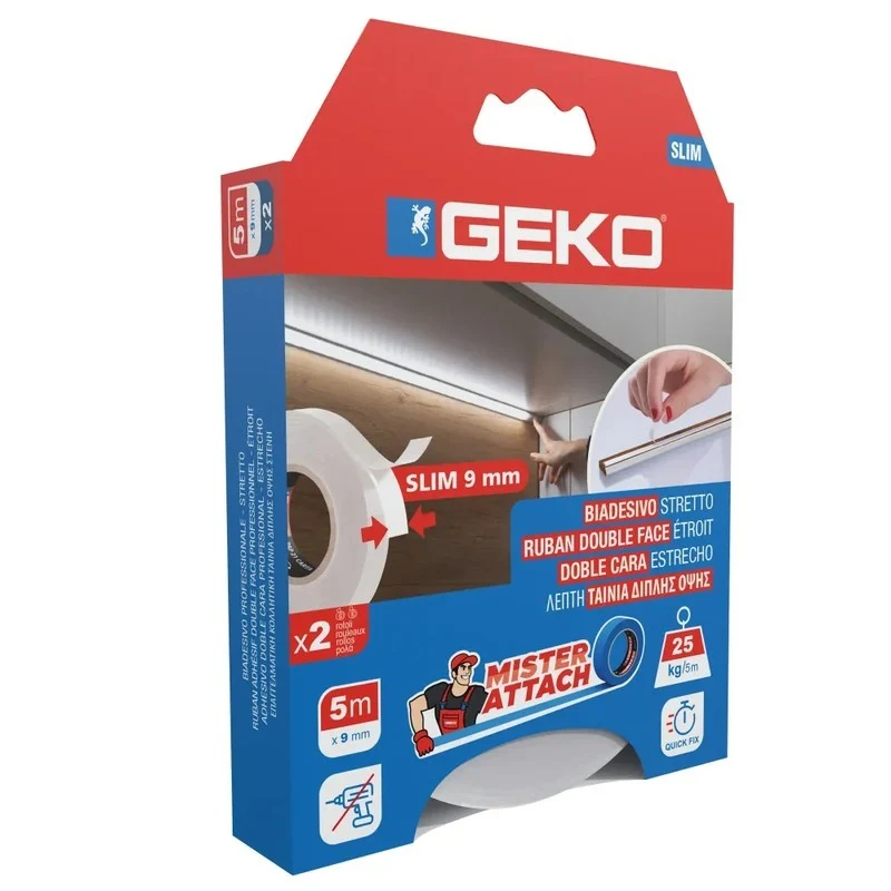 Nastro biadesivo slim 9 mm x 5 m acrilico bianco conf. 2 pezzi