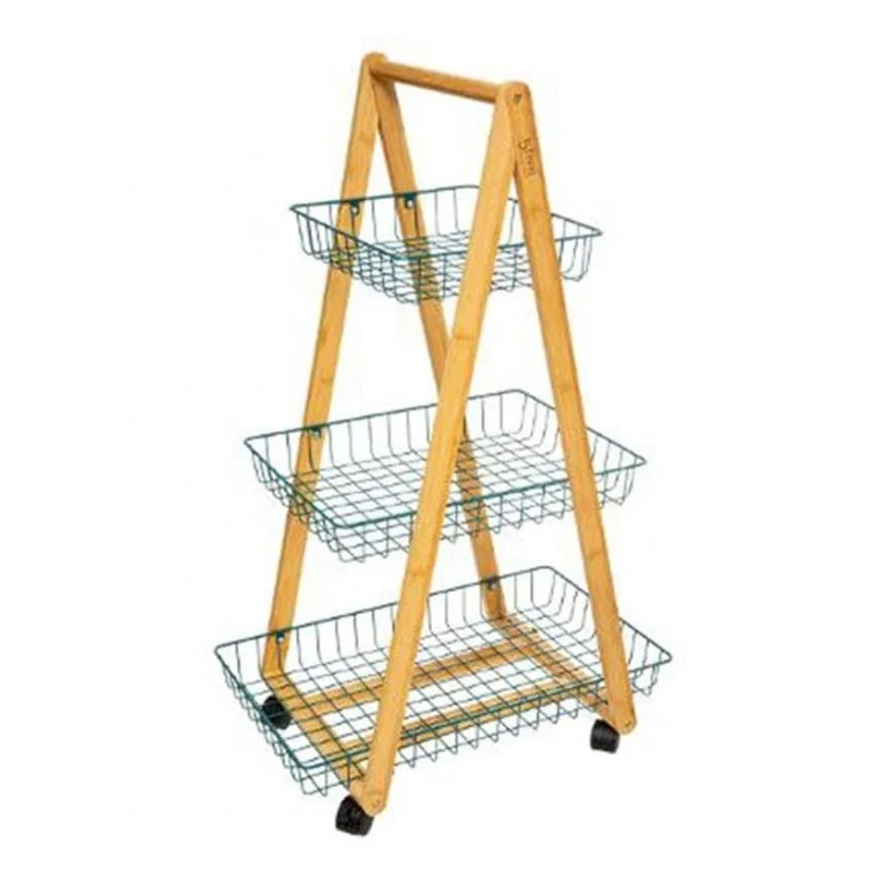 Carrello da cucina moderno in bamboo 3 ripiani petrolio con ruote 54,5x35,5x h88 cm
