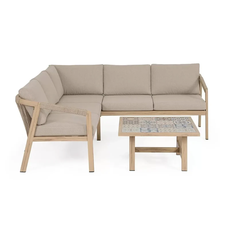 Bizzotto set salotto angolare Kalimera Desert in alluminio effetto legno con tavolino