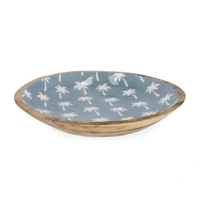 Bizzotto ciotola Keran bassa azzurra Ø38x6,5h con decoro palme in legno di mango