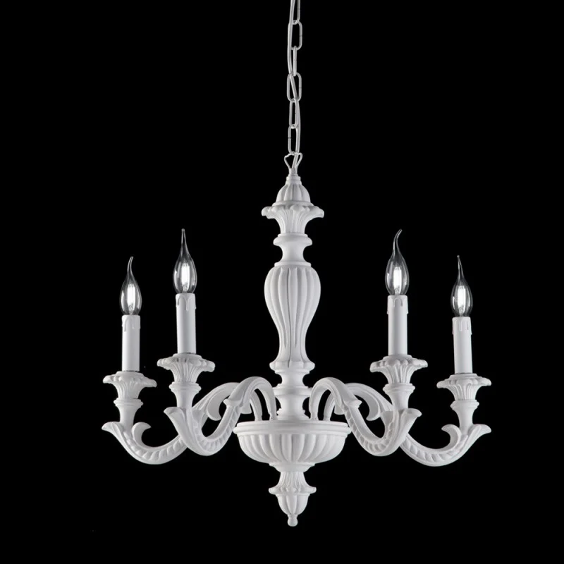 Lampadario in legno e pasta di legno bianco shabby 5 luci