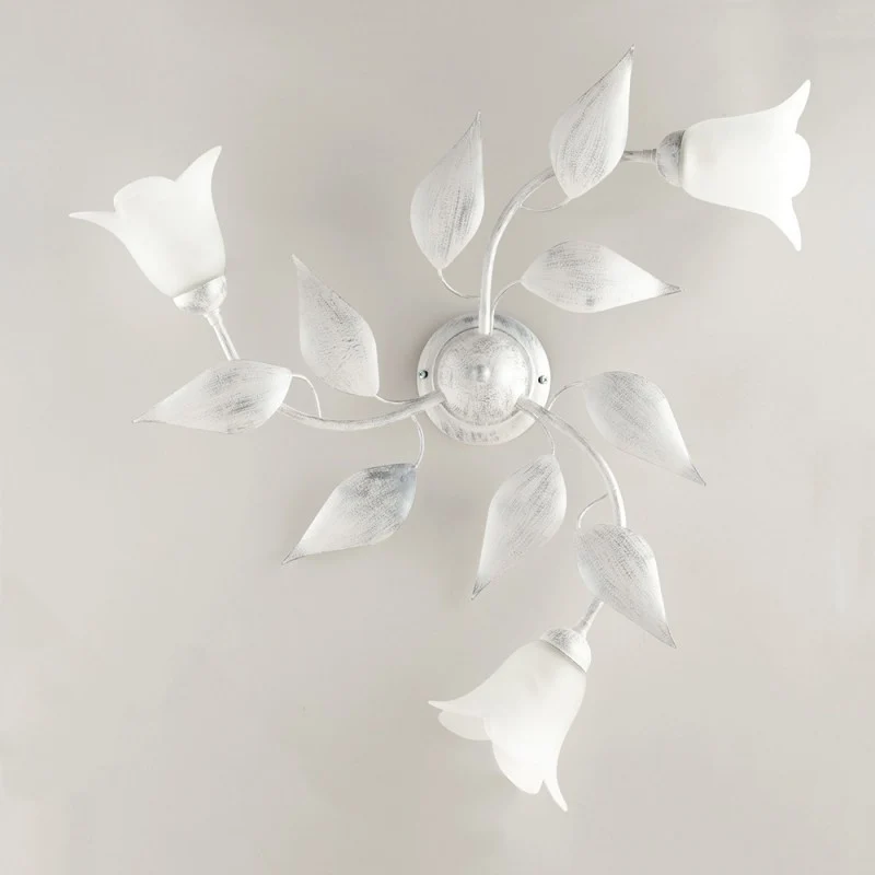 Plafoniera in ferro Bianco Argento tre luci vetri Alabastro Bianchi 67x h20 cm