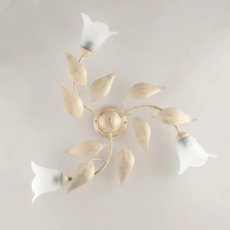 Plafoniera in ferro Avorio Oro tre luci vetri Alabastro Bianchi 67x h20 cm