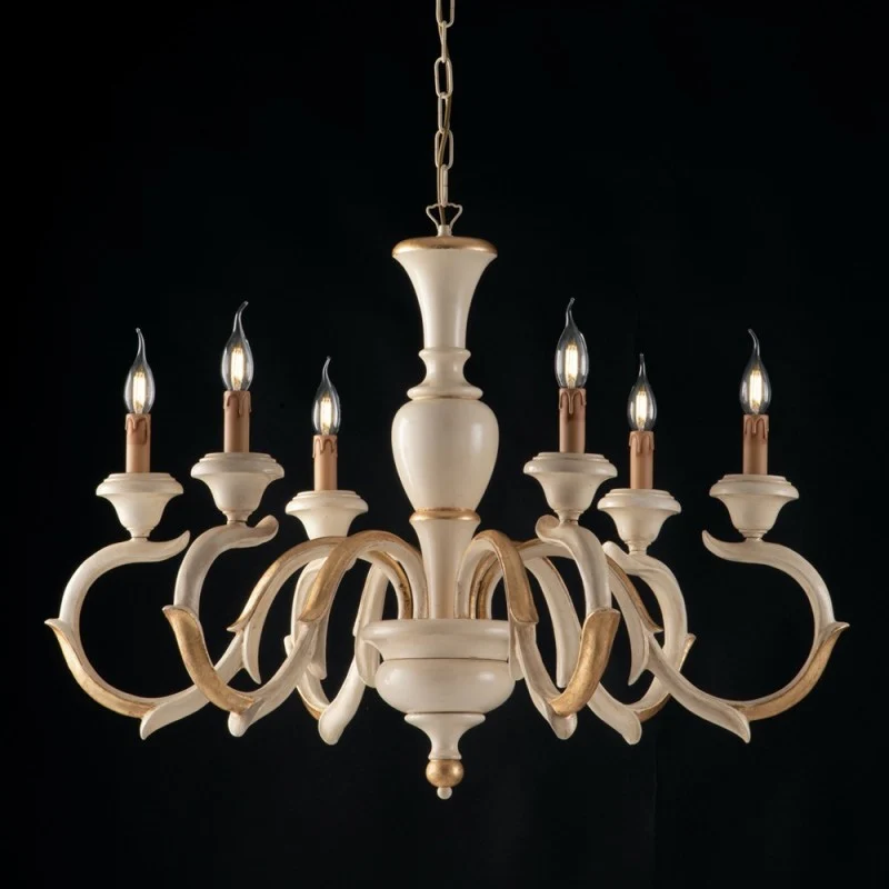 Lampadario in legno Avorio e Foglia Oro sei luci 91x h65 cm