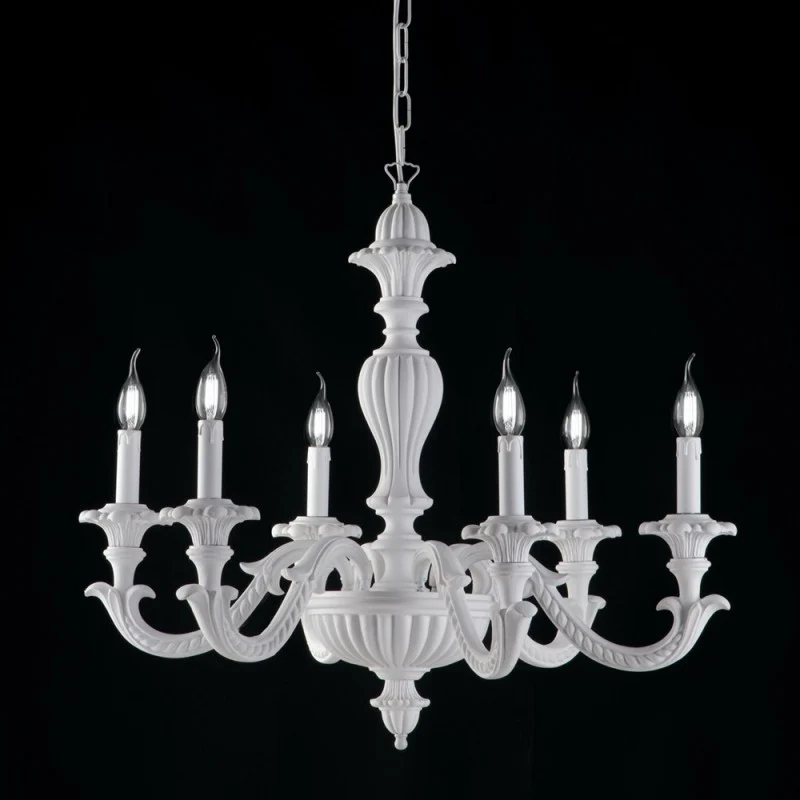 Lampadario in legno e pasta di legno bianco shabby 6 luci