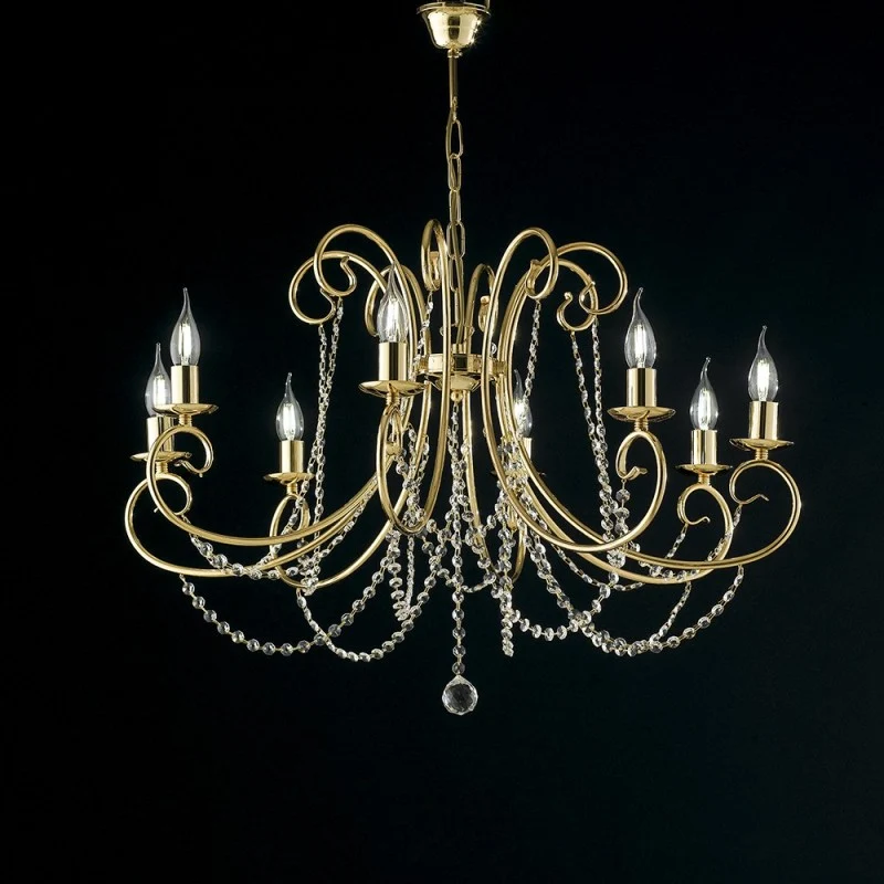 Lampadario in ferro Oro otto luci con strass 74x h58 cm