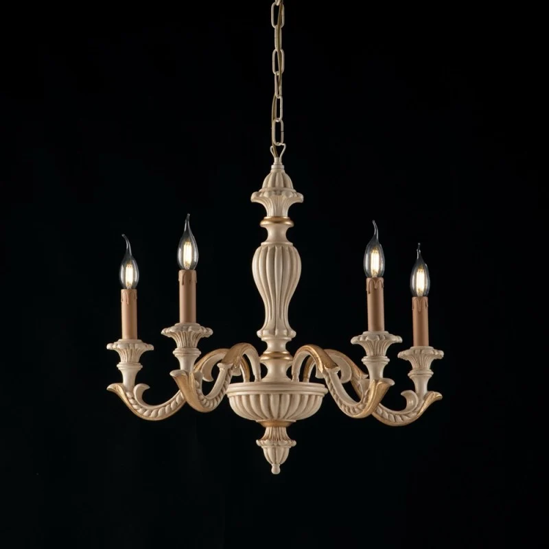 Lampadario in legno Avorio e foglia Oro cinque luci 53x h57 cm