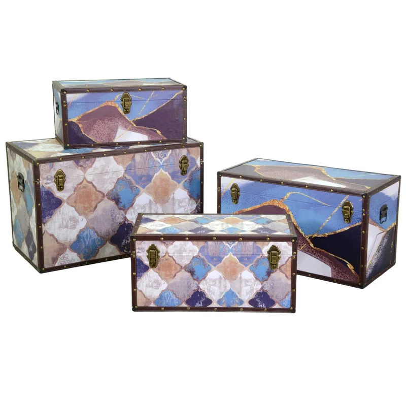 Rectangular Moroccan blue eco-leather trunk 1-4 cm80x40h50