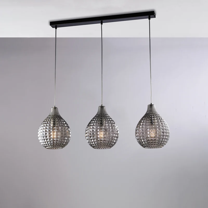 Binario ferro nero, vetro grigio, 3 luci, H.32 - MAX132 x L.88 x 21