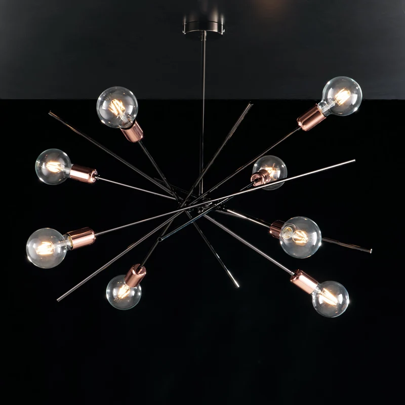 Plafoniera ferro cromo nero e rame 8 luci H.62 - Ø82