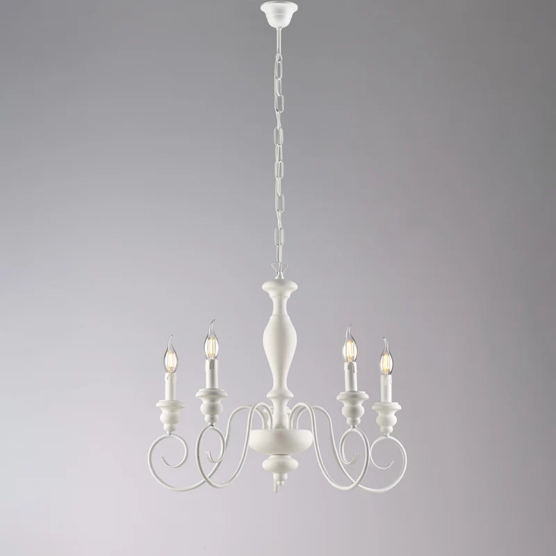 Lampadario in legno e ferro laccato bianco shabby 5 luci H.55 - MAX 115 - Ø60