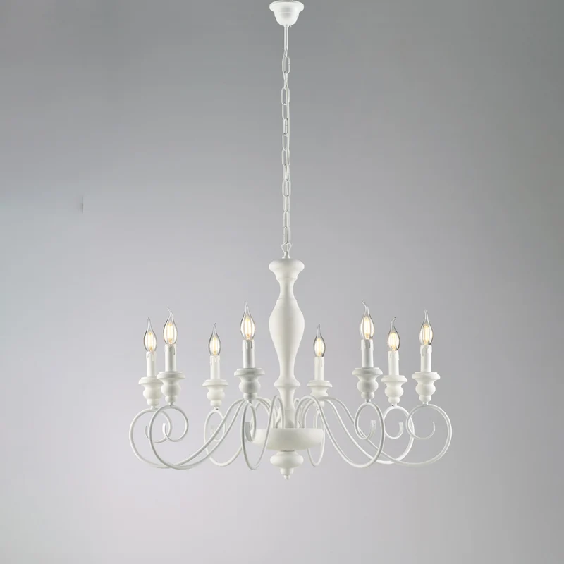 Lampadario in legno e ferro laccato bianco shabby 8 luci H.61 - MAX 121 - Ø82