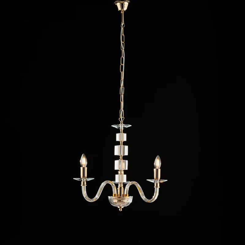 Lampadario in oro con vetro trasparente e strass 3 luci H.50 - MAX 110 - Ø43
