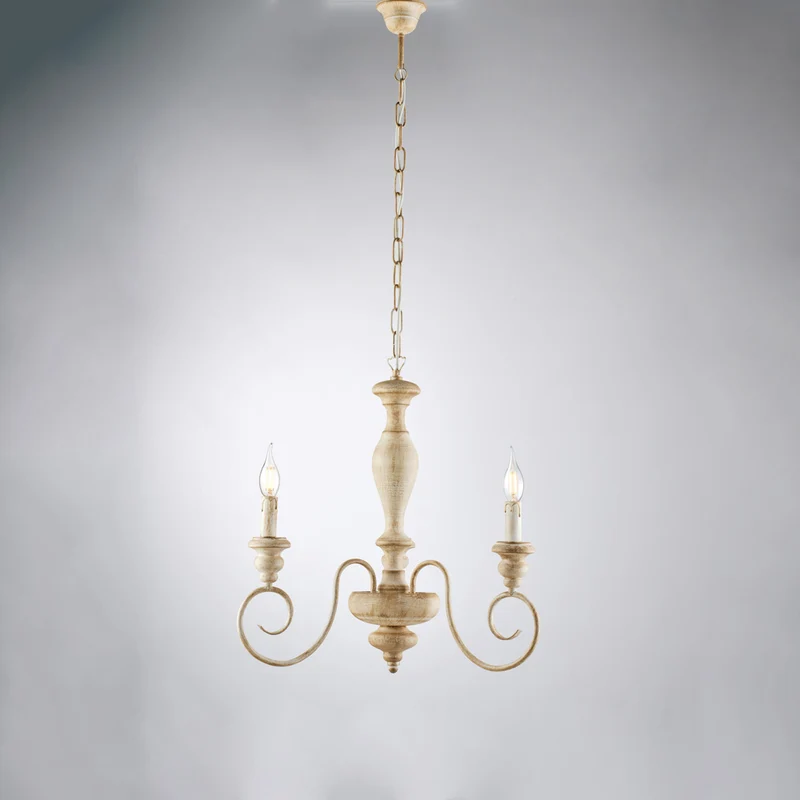 Lampadario in legno e ferro bianco e tortora 3 luci H.53 - MAX 113 - Ø44