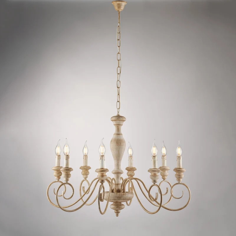 Lampadario in legno e ferro bianco e tortora 8 luci H.61 - MAX 121 - Ø82