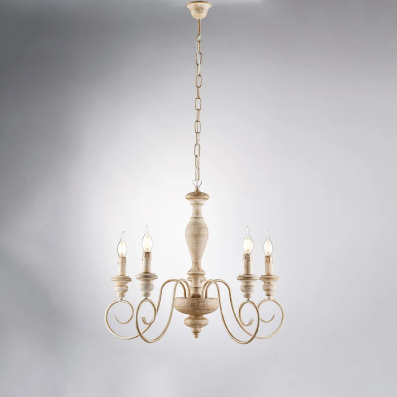 Lampadario in legno e ferro bianco e tortora 5 luci H.55 - MAX 115 - Ø60
