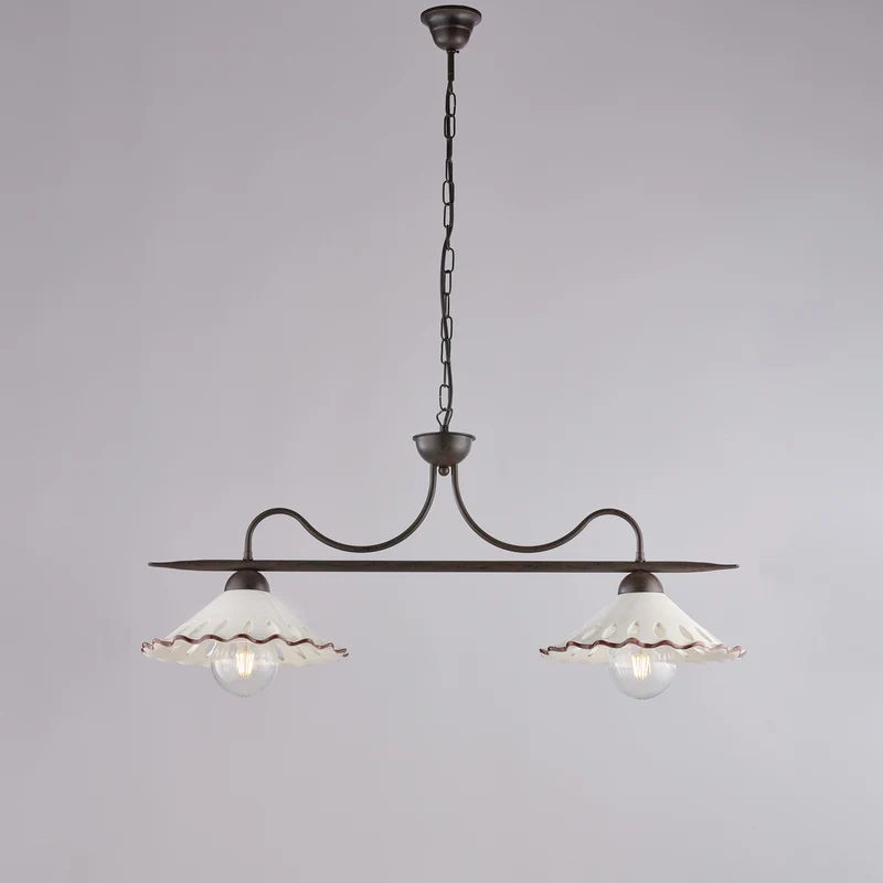 Lampadario nero ruggine, ceramica bianco marrone, 2 luci, L.83x30 cm