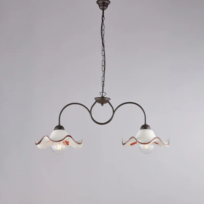 Lampadario in ferro laccato nero e decorazione ruggine con diffusori in ceramica diametro 30 bianco e marrone 2 luci H.34 - MAX 94 - L. 81 X 30