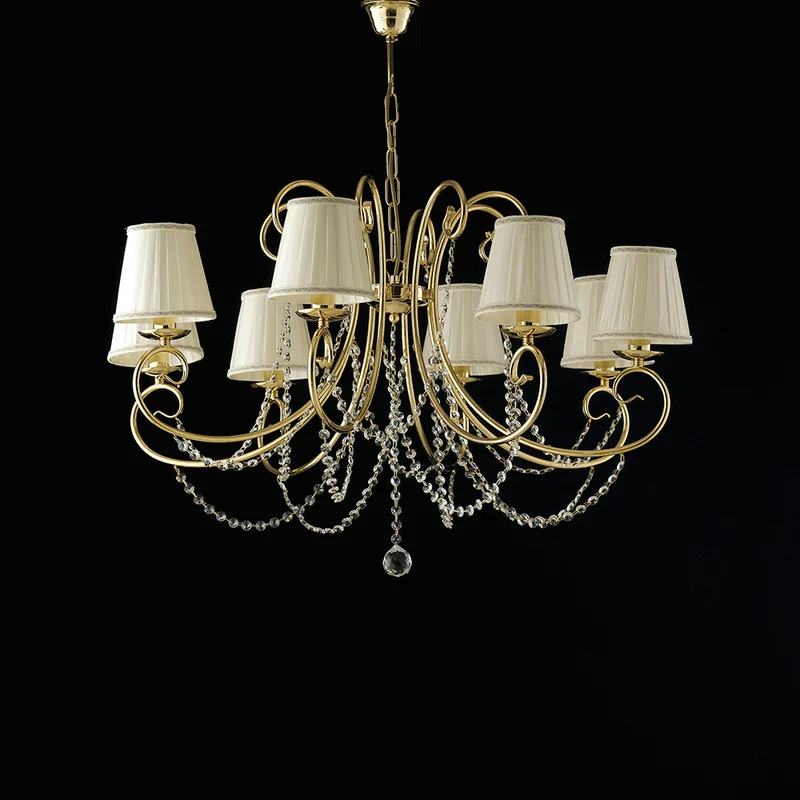 Lampadario in ferro dorato 8 luci con paralumi H.58 - MAX 118 - Ø78