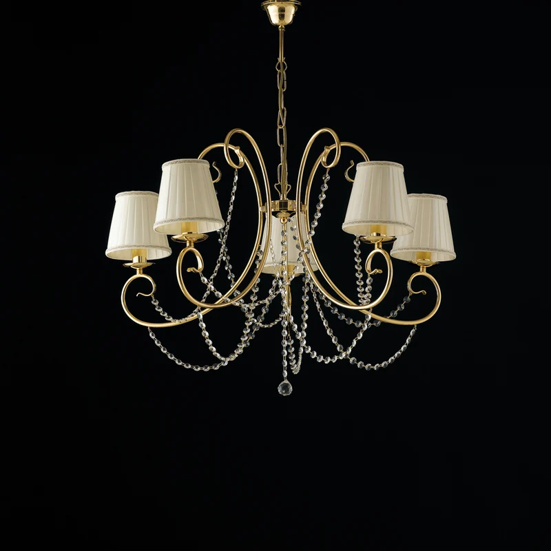 Lampadario in ferro dorato 5 luci con paralumi H.55 - MAX 115 - Ø72