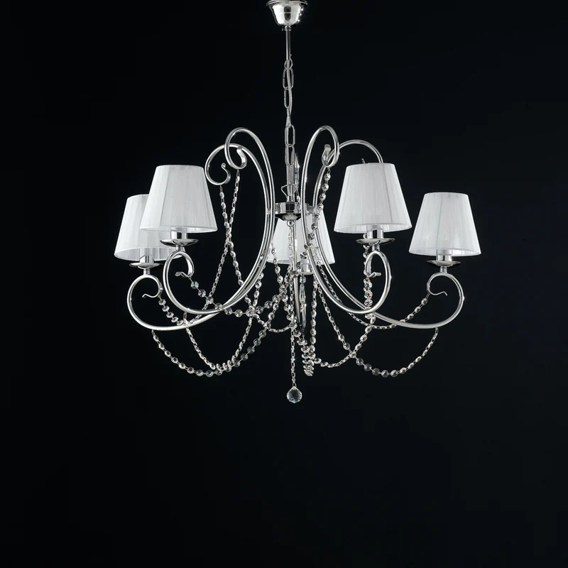 Lampadario in ferro cromato 5 luci con paralumi H.55 - MAX 115 - Ø72