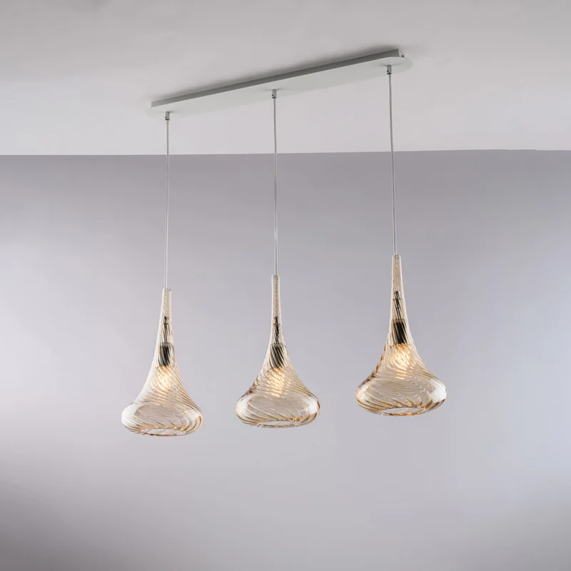 Binario in ferro, vetri ambra Pyrex, 3 luci, H41 cm, L75x10 cm - M3