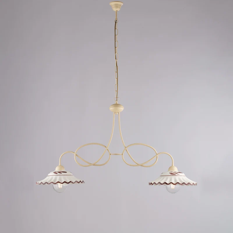 Lampadario avorio decapè, ceramica bianco marrone, 2 luci, L.98x30 cm