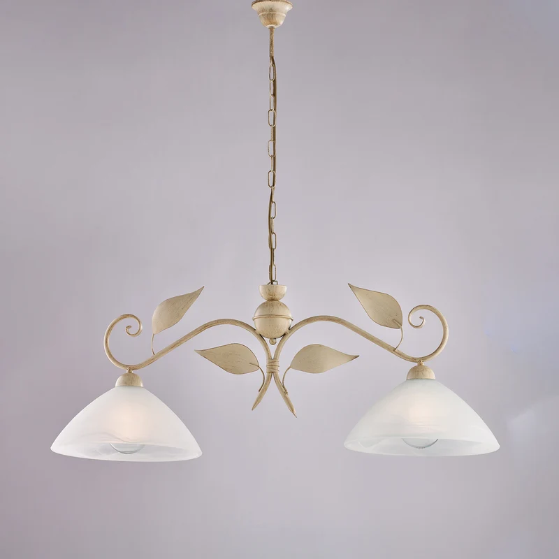 Lampadario avorio oro antico, vetro alabastro bianco, 2 luci, L.96x30 cm